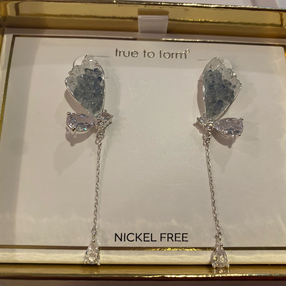 True to Form Geode stone + crystal drop dangle silver earrings 2.5”L